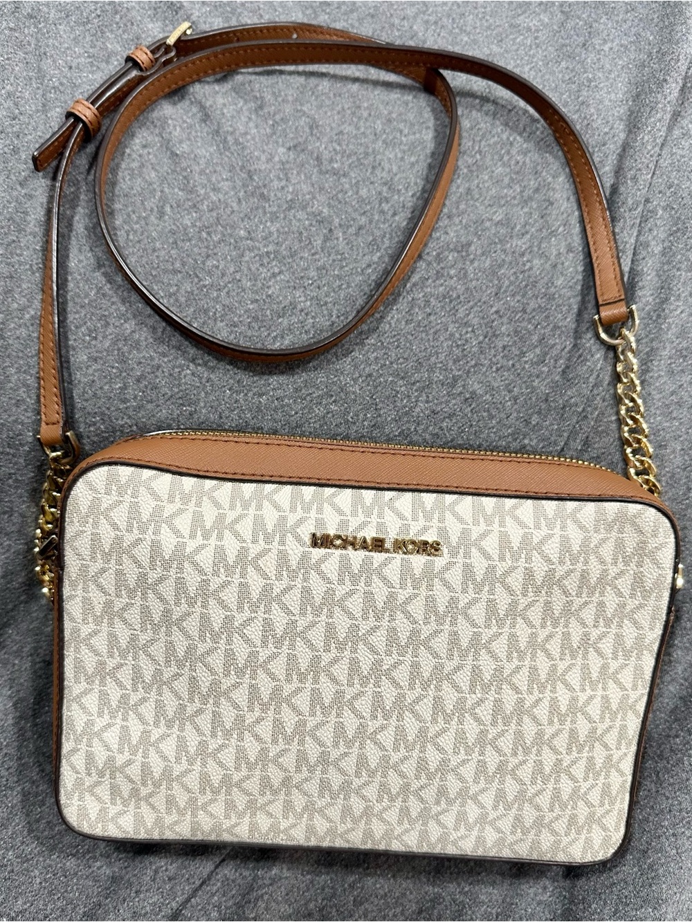 Michael Kors Beige Signature MK Crossbody with Brown Trim and Gold Hardware